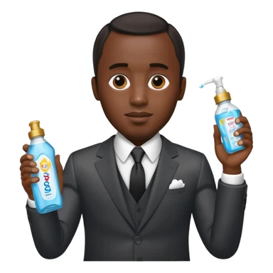 P Diddy in a suit, holding up baby oil sticker
