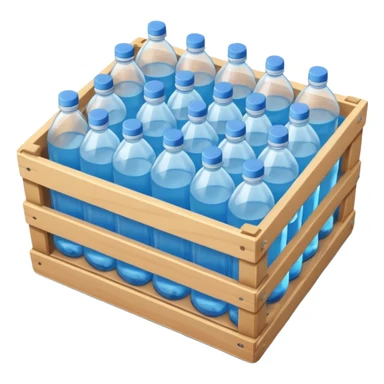 A 3D cartoon crate filled with water bottles, neatly arranged, bright industrial background, smooth reflections, realistic Memoji-style. sticker