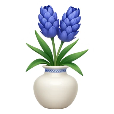 A small white vase holding a single blue hyacinth flower with green leaves. sticker