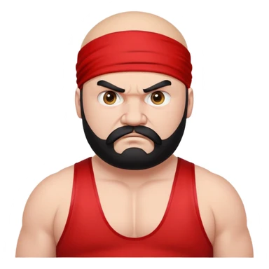 Close-up of extremely fat white skin guy with young face, prominent BLACK DURAG tied clearly on head, distinct black beard and mustache, no muscle, black eyes in a red and black wrestling singlet with angry face sticker