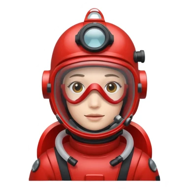 wearing a red scuba diving helmet with glass visor sticker