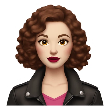 Woman with very pale skin, dark red curly short hair that is parted on the side, heavy cat-eye makeup, long eyelashes, bright pink blush and lipstick.  Her eyebrows are dark, arched and very high.  Hazel eyes. Big lips. Wearing a leather jacket  sticker