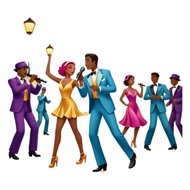 Vintage movie poster-style icon for a musical film. The cityscape glows in the background, evoking the golden era of musicals. A vibrant street scene with bright lights, dancers mid-step, a singer with a microphone, and a jazz band playing. Transparent background. sticker