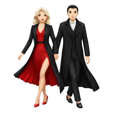 Ultra detailed realistic tango couple icon, black background, dramatic lighting, long black coat on man, white shirt and white shoes, red dress and white heels on woman, centered, minimal background, high contrast, 4K resolution, profile picture ready, sharp clean edges sticker