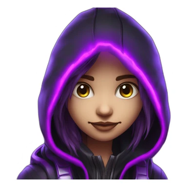 Girl developer behind his laptop with this style : Crytek Crysis Video game neon glowing bright purple character purlple black hooded hacker themed character sticker