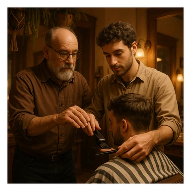 Inside a cozy barbershop with soft lighting, an experienced barber gently teaches his apprentice, guiding his hands as they cut hair together. The room is filled with warmth, plants hanging from the ceiling, and the hum of clippers sticker