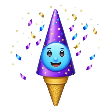 Emoji with glowing cone-shaped confetti popper, purple and blue colors emitting confetti and glitter, creating a bright festive atmosphere sticker
