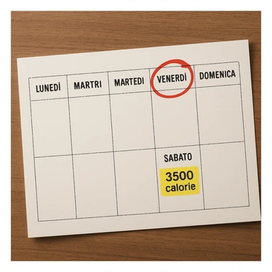 Hyperrealistic top-down view of a weekly calendar in Italian, showing days from Monday to Sunday. Friday is circled in red. Below both Saturday and Sunday, the text '3500 calorie' is highlighted with a yellow background. The scene has 4K details and a desk atmosphere. sticker