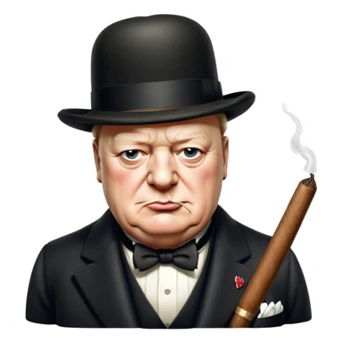 Cinematic Realistic Winston Churchill Portrait Emoji, depicted as a resolute British statesman with a signature bowler hat and a cigar, exuding determined leadership and wartime valor, rendered with lifelike textures and dramatic vintage lighting that captures his iconic British spirit. sticker