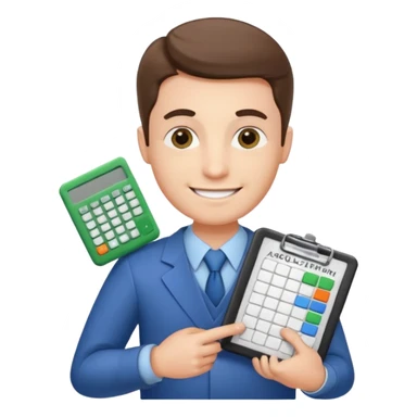 emoji, of a male AUDITOR smiling with Finance spreadsheet , a calculator,plus ADD A puzzle and a Balance for accounting. sticker