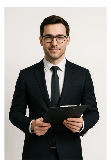smart looking man holding a clipboard, professional attire, confident expression, clean background sticker