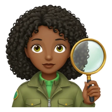 dark skin curly black haired middle-aged woman in moss green explorer outfit, holding magnifying glass sticker