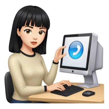 mujer pelinegra con flequillo manejando una computado sticker