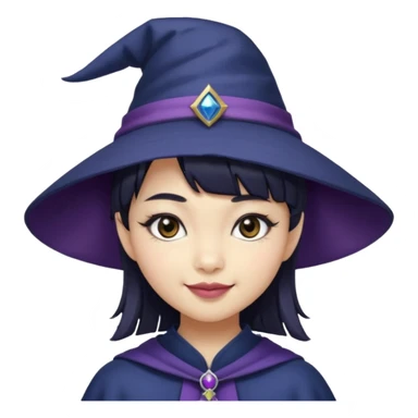 an asian short haired girl with short raven hair with bangs, with her silver left eye and dark brown right eye, with cat-eyed eyeliner, and grinning with her tiny fang of mauve toned lipstick, with dark navy wizard hat with an emblem on her hat. sticker