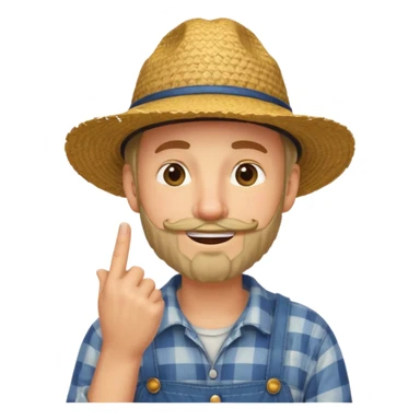 “A single emoji-style character combining 👨‍🌾😄 and 🤔: a smiling farmer man with a straw hat, friendly face, and light beard, holding one hand under his chin in a thinking gesture. His index finger rests under his face, eyes looking slightly upward as if thinking.  sticker