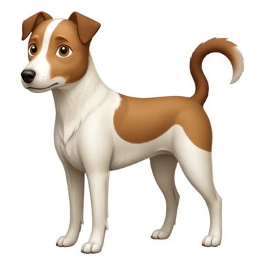a full body large white parson russell looking dog the size of a kelpie with light brown flapped down ears and a light brown patch on one eye and a large snout sticker