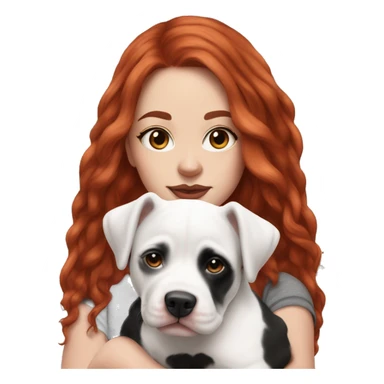 Long Red haired woman in beanie with septum piercing holding black and white English Staffordshire puppy sticker