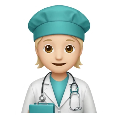 smiley face emoji dressed as a doctor with a white lab coat and teal surgical cap sticker