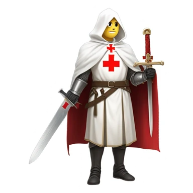 blond haired Masonic knight Templar wearing a white tunic with a Red Cross on the front and a white mantle with a hood with a Red Cross on the left side and a male face  and holding a sword by the handle blade pointing upwards. sticker
