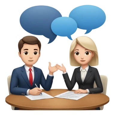Two people sitting at a table with a large contract or paper between them and speech bubbles above, symbolizing negotiation and agreement signing. sticker