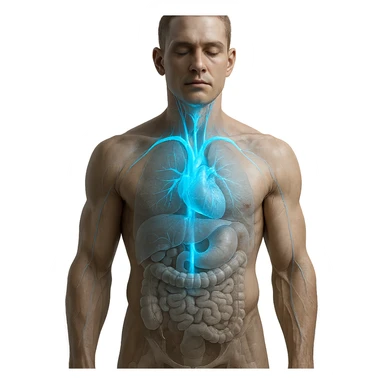 realistic human body with vagus nerve highlighted, anatomical details, vagus nerve path clearly visible, intense blue cold glow effect along the nerve, transparency on internal organs, neutral background sticker