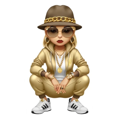 female cat wearing Run DMC hip-hop outfit with tracksuit, fedora, Adidas sneakers, dark sunglasses, many gold chains, rings, bracelets, flashy earrings, fallen down with worried expression sticker
