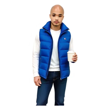 full body man with long sleeve white shirt with blue puffer winter vest with no pockets wearing straight long boot cut levi blue jeans with no cuffs and black tennis shoes holding a coffee mug in one hand directly in front of him at his chest and nothing in the other hand with his weight on one leg sticker