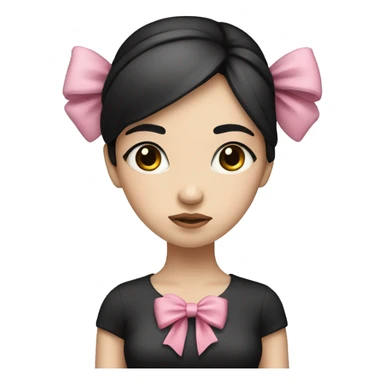 sad girl with white skin and straight black hair with a pink bow on her head sticker