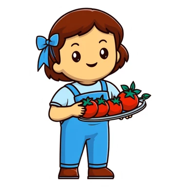 Child gardener with ribbon and prize tomatoes sticker