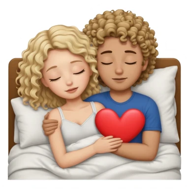 cuddling in bed, asleep. wavy haired blonde girl. curly haired dark brown hair man. eyes closed. heart between them. no headboard sticker