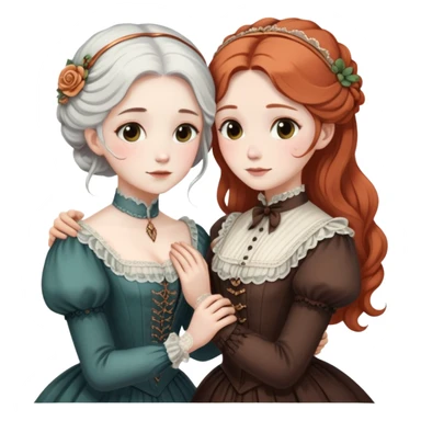 Two modest Victorian women hugging, one with white hair and one with copper hair, wearing Victorian era dresses sticker