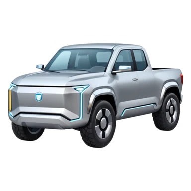 A futuristic electric pickup truck emoji, silver chrome body, angular cyber design, smooth metallic panels, subtle reflections, minimalistic proportions, iOS emoji style, centered composition, clean white background, soft lighting sticker