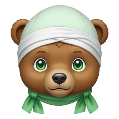 Adorable small brown bear face with green eyes wearing a white silk durag tied at the back, urban style, iOS emoji style sticker