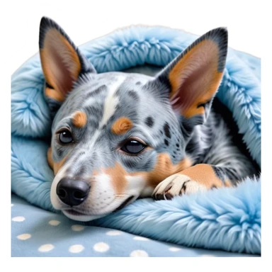 Meme-Worthy Cute Sleeping Blue Speckle Australian Cattle Dog Portrait Emoji, Head resting peacefully with a contented smile, showcasing a robust build and a luxuriously soft blue speckle Fur, eyes shut in a serene nap, Simplified yet hilariously adorable features, highly detailed, glowing with a soft, drowsy light, high shine, relaxed and utterly lovable, stylized with an air of playful laziness, bright and heartwarming, soft glowing outline, capturing the essence of a comically sleepy herder, so meme-worthy it feels like it could instantly become the next viral sensation of adorable slumber! sticker