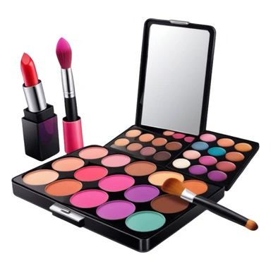 A photorealistic icon featuring makeup brushes, lipstick, eyeshadow palette, and a compact mirror with a completed makeup look. Bright, detailed design with realistic textures and lighting. Transparent background, clearly symbolizing makeup and beauty. sticker