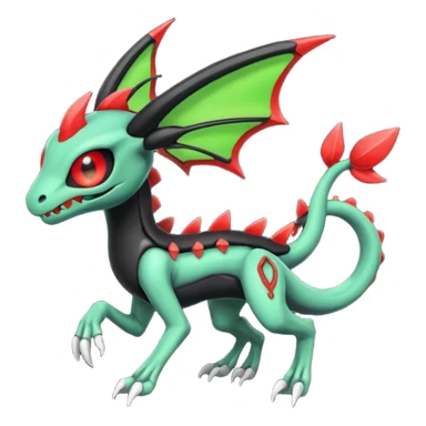 Obsidian-black and neon-glowing-green skeletal Meloetta-Salandit-Noivern-Zygarde-Pokémon-Fakémon-creature-fusion-hybrid with glowing crimson-red evil slit eyes sticker