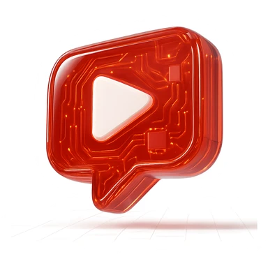 red opacity 0.6 speech bubble with inside a big red YouTube white play button, very glossy circuit style sticker