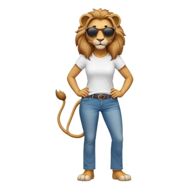 friendly anthropomorphised female lion character, full body, standing confidently with legs shoulder width apart and hands on hips, wearing jeans, a white t-shirt, and dark sunglasses, with a confident smile sticker