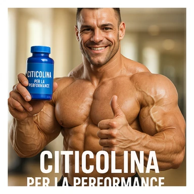 hyper realistic bodybuilder showing blue bottle of Citicolina with thumbs up, defined muscles, text 'Citicolina per la performance', bright environment, motivational atmosphere sticker