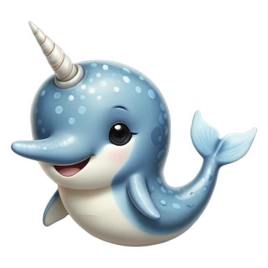 Cinematic Cute Narwhal Portrait Emoji, Head tilted playfully and inquisitively, showcasing a sleek, streamlined body with subtly iridescent, mottled gray skin and a prominently spiraled ivory tusk, complemented by round, sparkling eyes full of gentle wonder, Simplified yet irresistibly adorable features, highly detailed, glowing with a warm, friendly arctic glow, high shine, affectionate and lively, stylized with a touch of whimsical marine charm, soft glowing outline, capturing the essence of a mischievous yet loving narwhal that seems as if it could frolic out of the screen into your heart! sticker