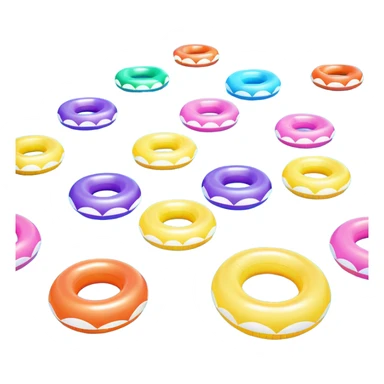 swimming pool surface with multiple inflatable pool floats floating on water, extra colorful float rings scattered across the pool, glossy water reflections, summer vibe, 3D cartoon style, mobile game icon style, clean composition, no people, no text, no watermark

 sticker