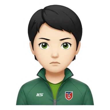 Create a realistic portrait of Kang Sae-byeok (Player 067) with short black hair, green jacket & serious look. sticker