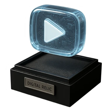 white youtube play button placed in the center of a sleek black acrylic box, like a collectible or museum artifact, foam padding, small engraved nameplate that says “Digital Relic”, soft ambient lighting, real-world texture sticker