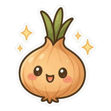 chibi sticker-style onion with sparkles, cute and exaggerated sticker