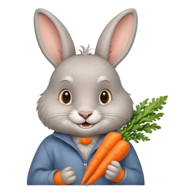 Grey rabbit, holding a carrot, grinning with joy
 sticker