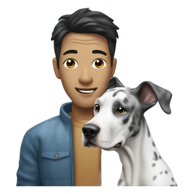 Asian man next to blue Merle great dane sticker