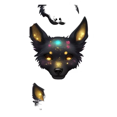 Black iridescent fluffy dog fox head skull zombie skull skeleton gold mechanical steampunk raven wings nebula galaxy stars colorful flowers fairy lights vintage sticker