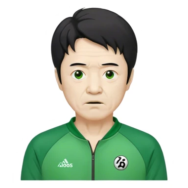 Seong Gi-hun : age 60, bony face, small mouth, unkempt black hair, Green player tracksuit,  sticker
