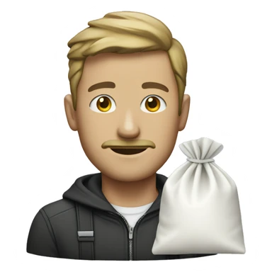 Man with very small white bag of sugar sticker