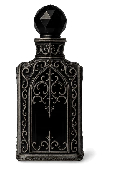 gothic perfume bottle, black glass with silver filigree, no background sticker